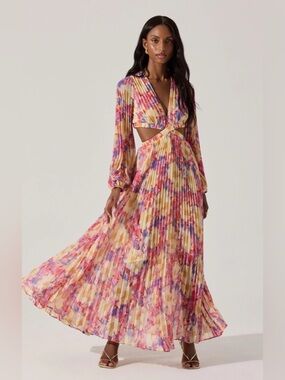 Astr Floral Pleated Cutout Maxi Dress in Pink, Yellow, Blue